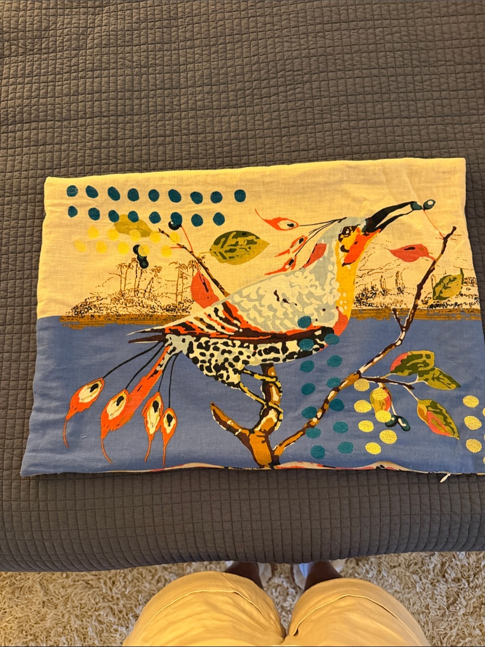 Anthropologie Bird Print Pillow Cover in Blue, Cream, Orange, Green